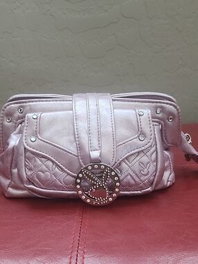 PLAYBOY Metallic Light Pink Quilted Wristlet with Rhinestone Logo